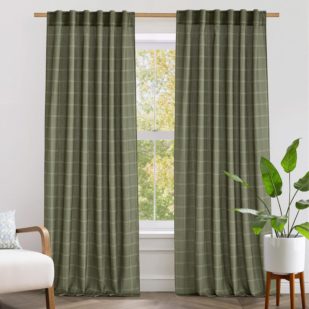 NICETOWN Linen Plaid Curtains - Moss Green Check Tartan Light Filtering Window Panels | 52" x 84" (2 Panels)