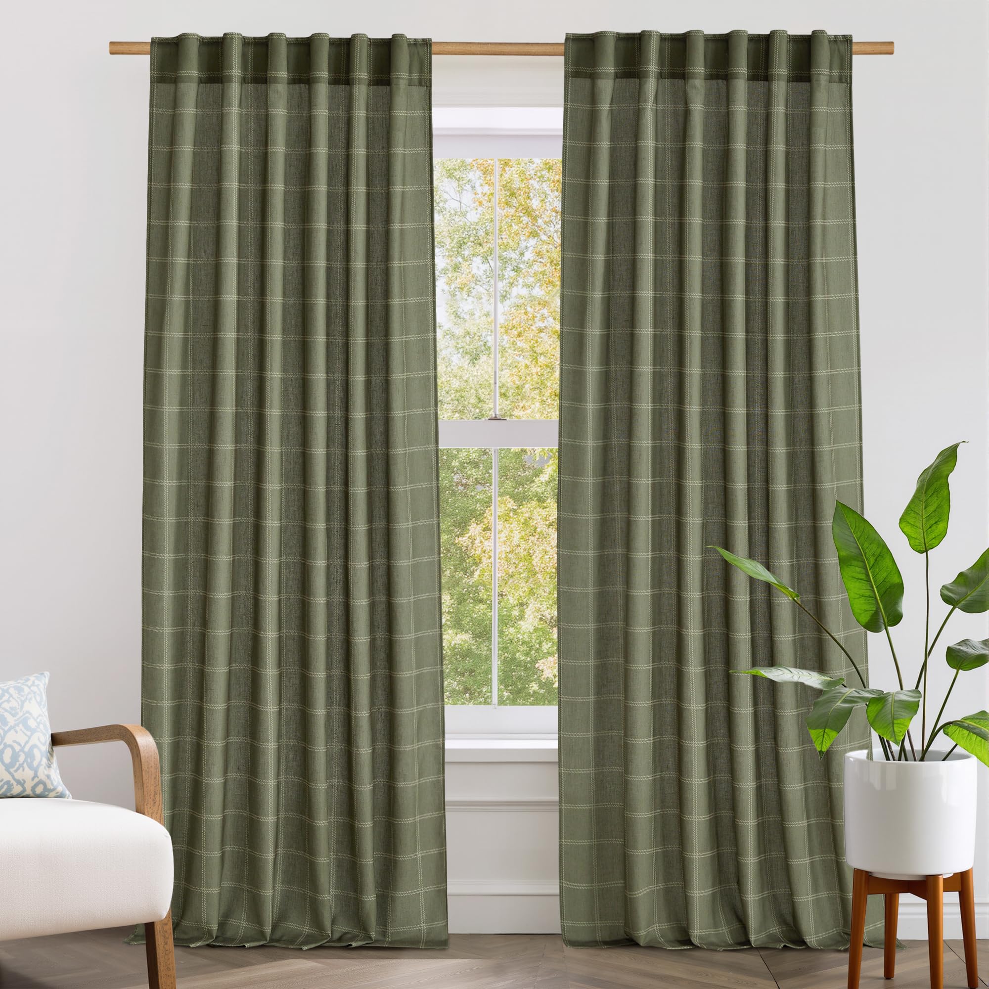 NICETOWN Linen Plaid Curtains Gingham Window Panels Moss Green Check Tartan Light Filtering Curtains for Living Room Bedroom, Rod Pocket Back Tab, 2 Panels, 52 inch Wide x 84 inch Long