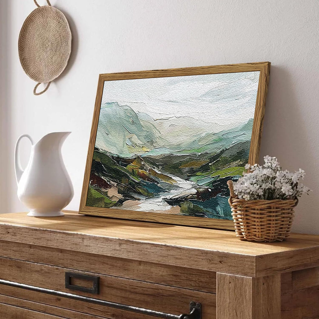 Skiennix 3D Textured Mountain Wall Art - Abstract Green Landscape Decor | Hand-Drawn Sandstone 12x16 Inch