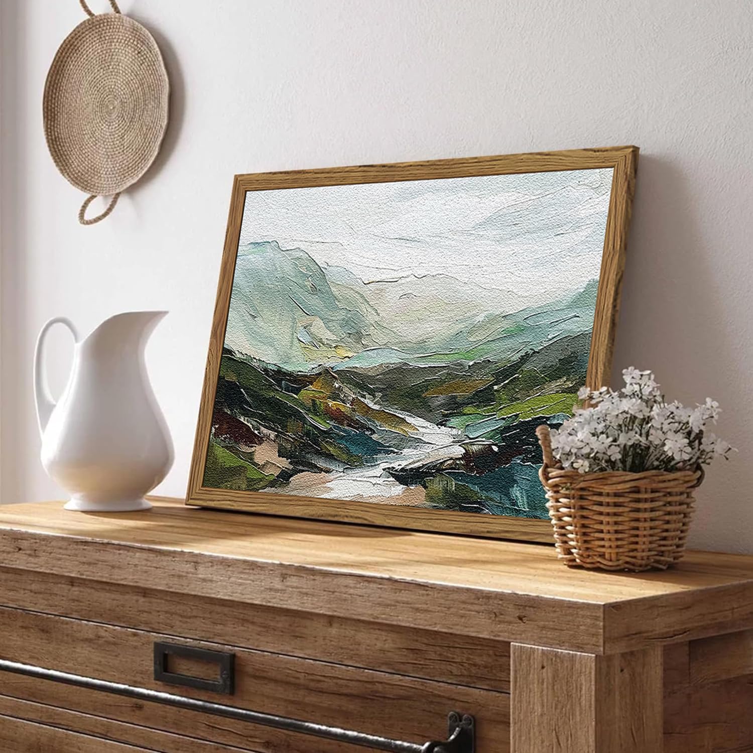 Skiennix 3D Textured Mountain Wall Art - Abstract Green Landscape Decor | Hand-Drawn Sandstone 12x16 Inch