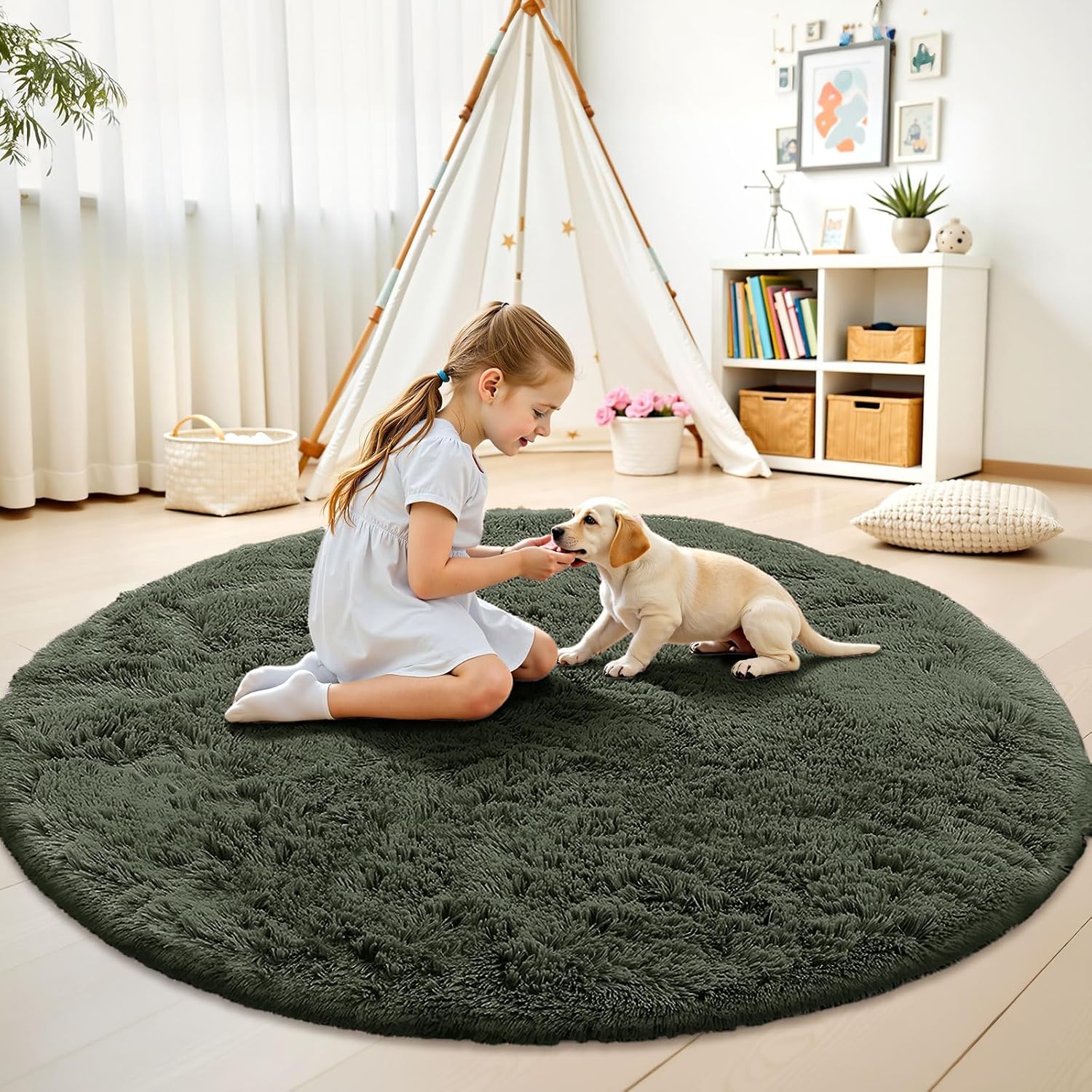 OLANLY Olive Green Round Rug - Soft, Fluffy, Machine Washable 7 ft Circle Area Rug for Bedroom & Living Room Decor