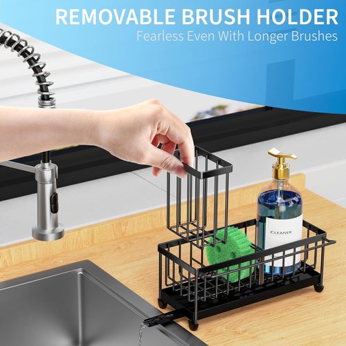 Cisily Kitchen Sink Caddy Organizer - Rustproof 304 Stainless Steel with High Brush Holder | Black, 9.25”