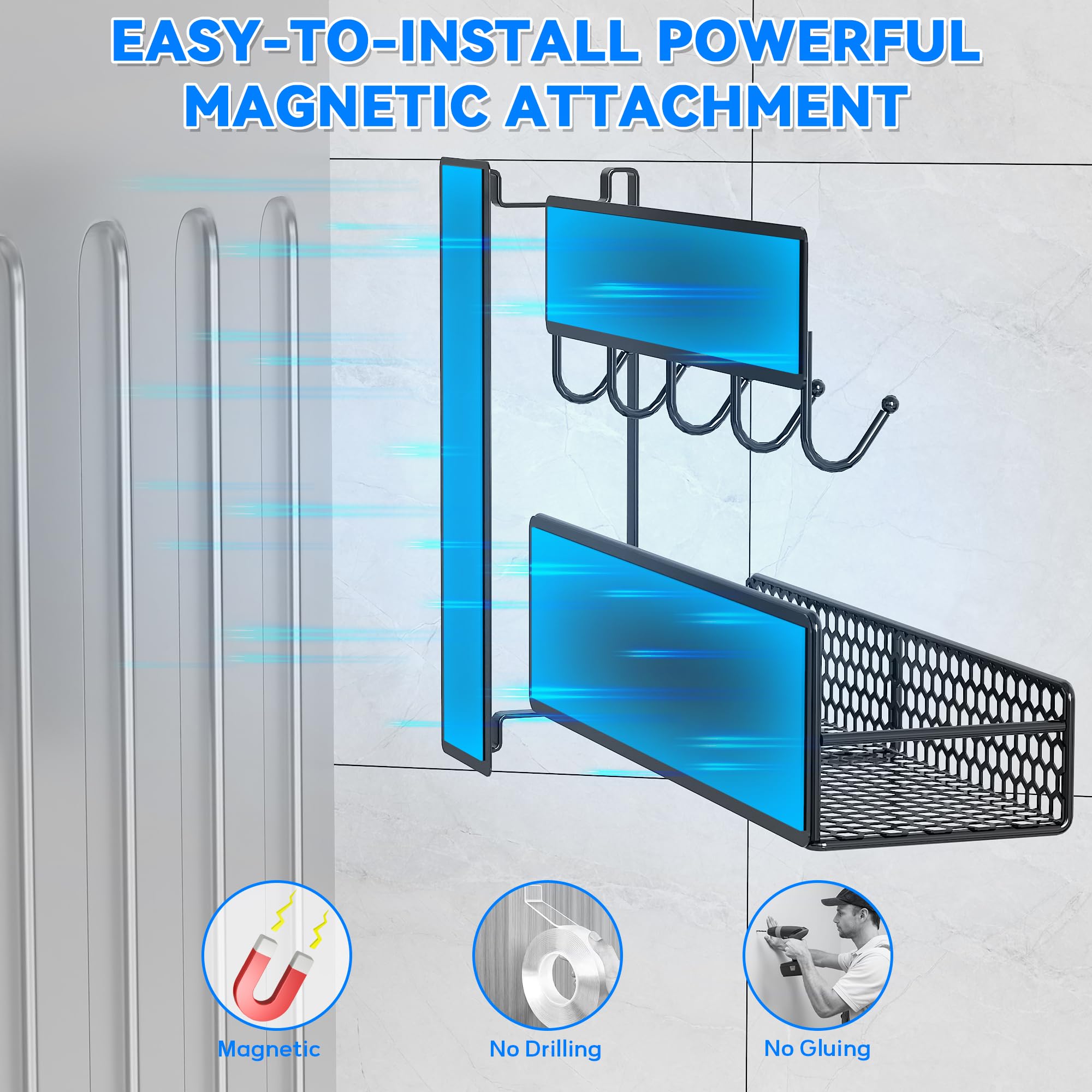 JulktLli 5 Pack Multifunctional Magnetic Shelves for Washing Machine & Refrigerator - Heavy Duty Laundry Room Organization System with Tool Hooks, Metal Storage Baskets (Black)