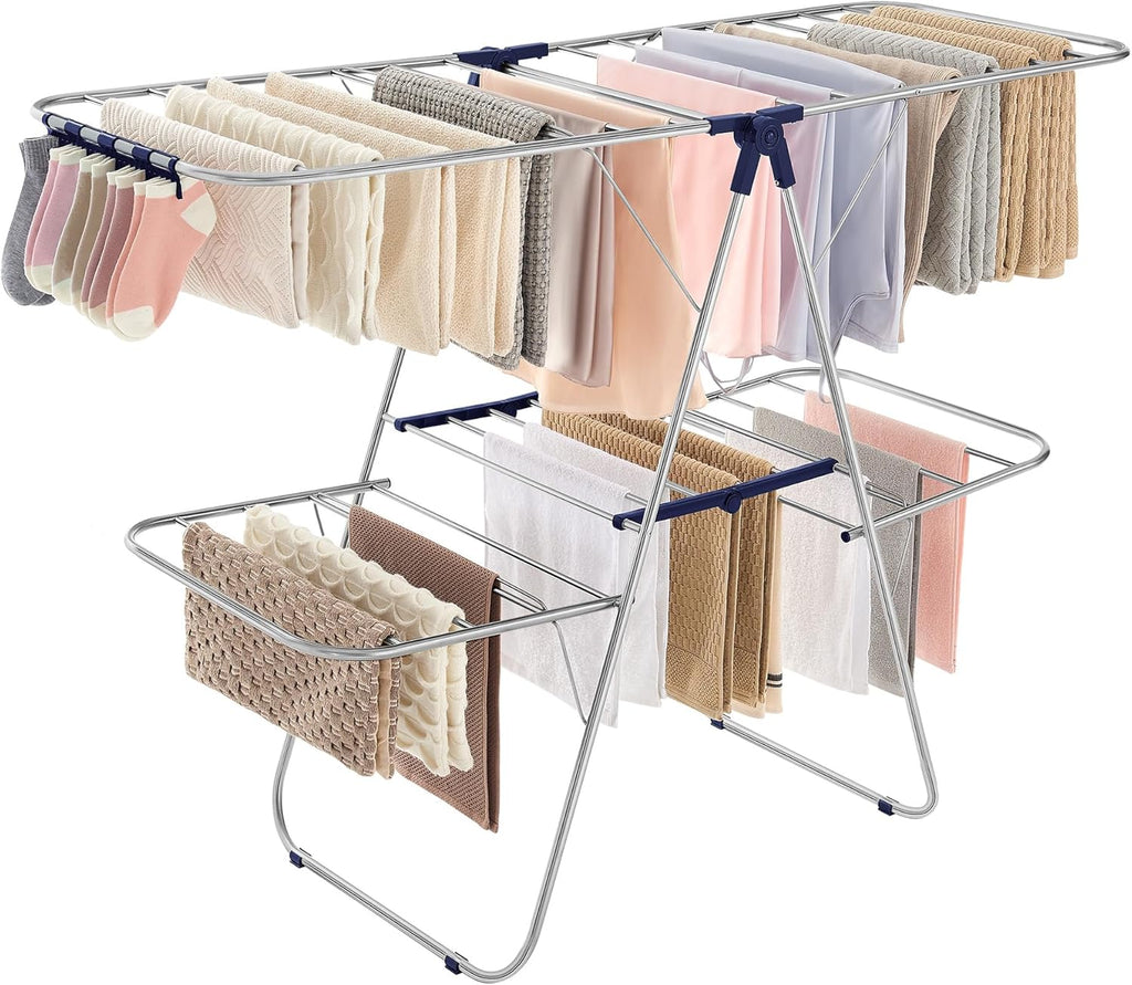 SONGMICS Foldable Clothes Drying Rack - 2-Level Laundry Airer with Adjustable Wings & 33 Rails | Silver and Blue