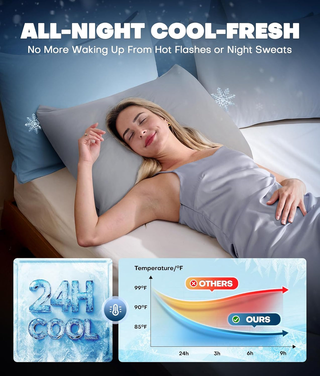 Skiennix Ultra-Chill Cooling Pillowcase Set of 2 - Softer Than Silk, Breathable Bed Covers (Light Gray, Standard)
