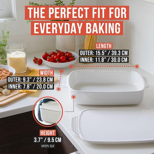 Chef Pomodoro Casserole Dish - 15.5" x 9.3" White Ceramic Baking Dish with Lid | Ideal for Lasagna & Roasting