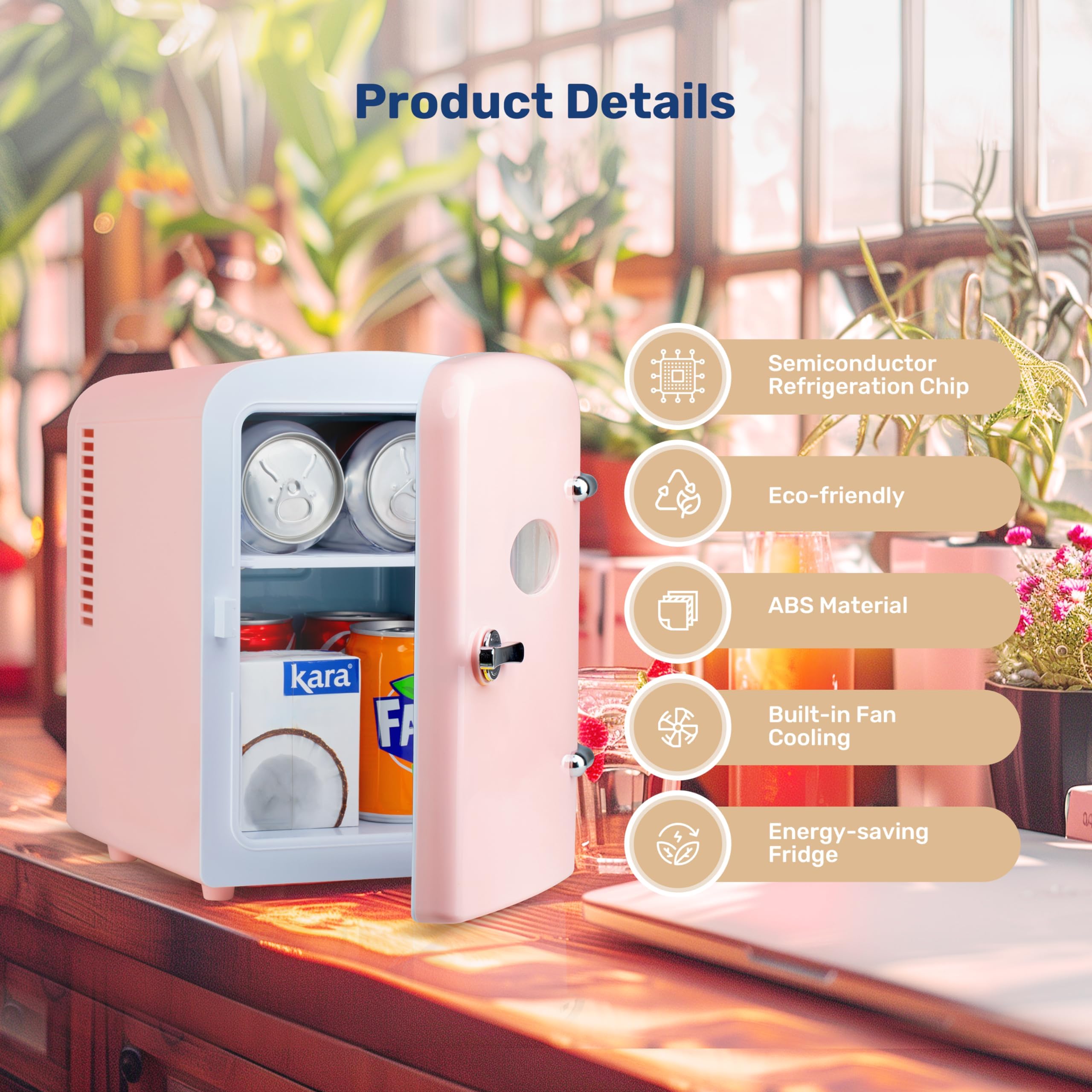 Simple Deluxe 4L/6 Can Mini Fridge with Observation Window, Portable Cooler & Warmer Freon-Free Small Refrigerator, Compact Fridge for Skincare, Beverage, Food, Cosmetics, Pink