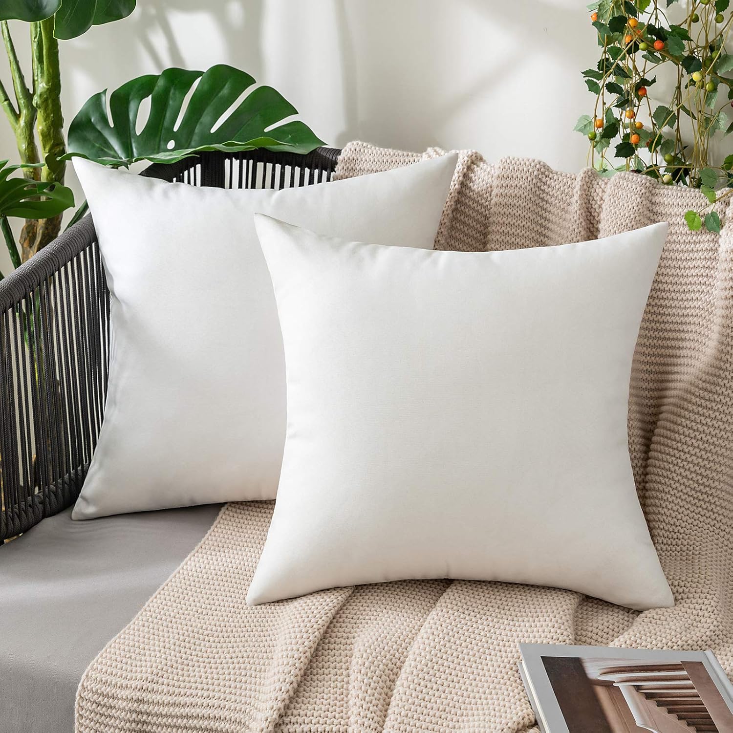 MIULEE Decorative Outdoor Throw Pillow Covers - Waterproof Faux Linen Cushion Cases | 24x24 Inch White (Pack of 2)