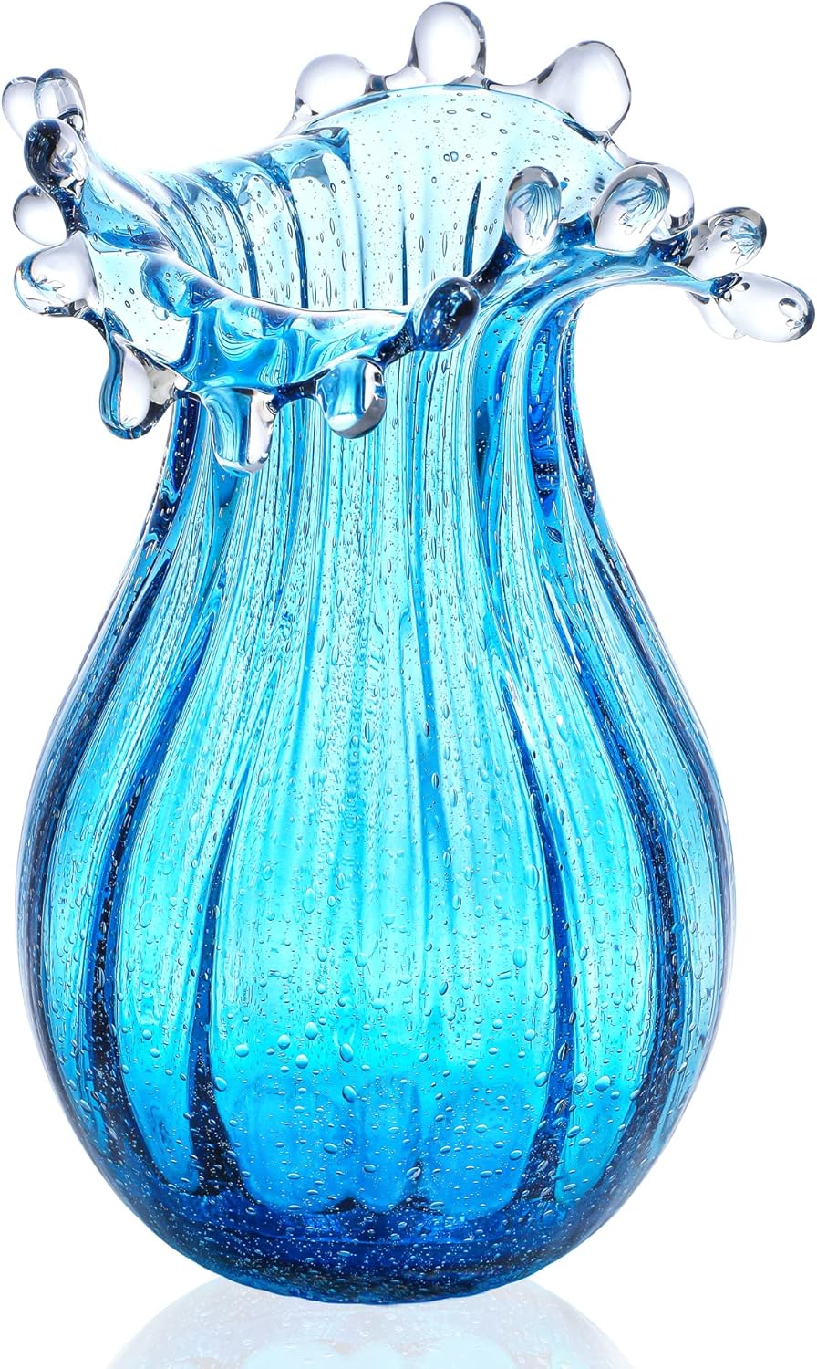 Skiennix 8-Inch Blown Glass Bubble Vase | Modern Art Flower Decor for Home & Weddings - Blue