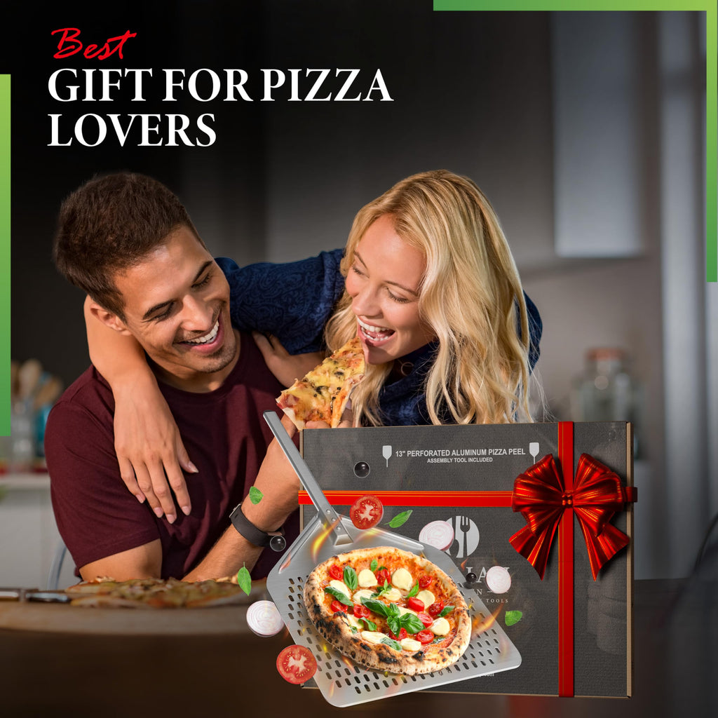 The Italian Kitchen Perforated Pizza Peel - Professional 13 x 16.7 Metal Pizza Peel Paddle - 27.3 Overall Aluminum Pizza Peel - Works With All Pizza Ovens, Stones & Grills Silver