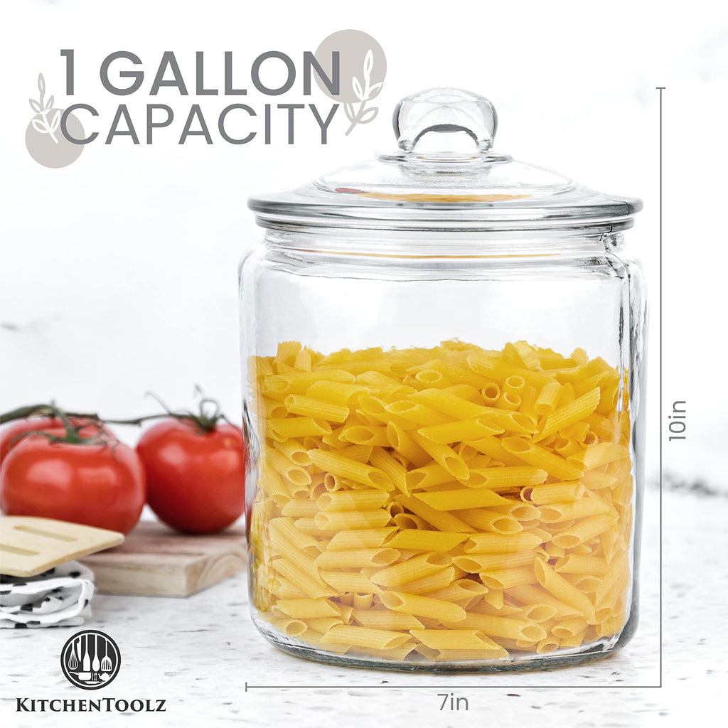 1 Gallon Glass Cookie Jar - Large Food Storage Container with Airtight Lid - Keep Fresh Flour, Chewy Pet Treats, Candy, Dried Foods, Detergent Pods for Your Kitchen or Laundry Room- Pack of 2