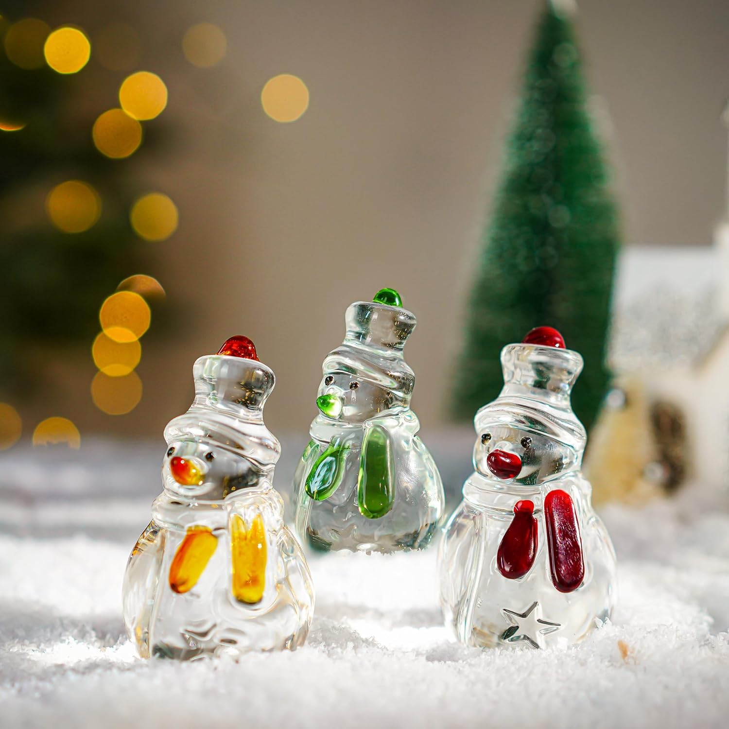 Skiennix Glass Snowman Figurines - Handmade Christmas Decorations | Set of 3, 1.6'' x 4.2''