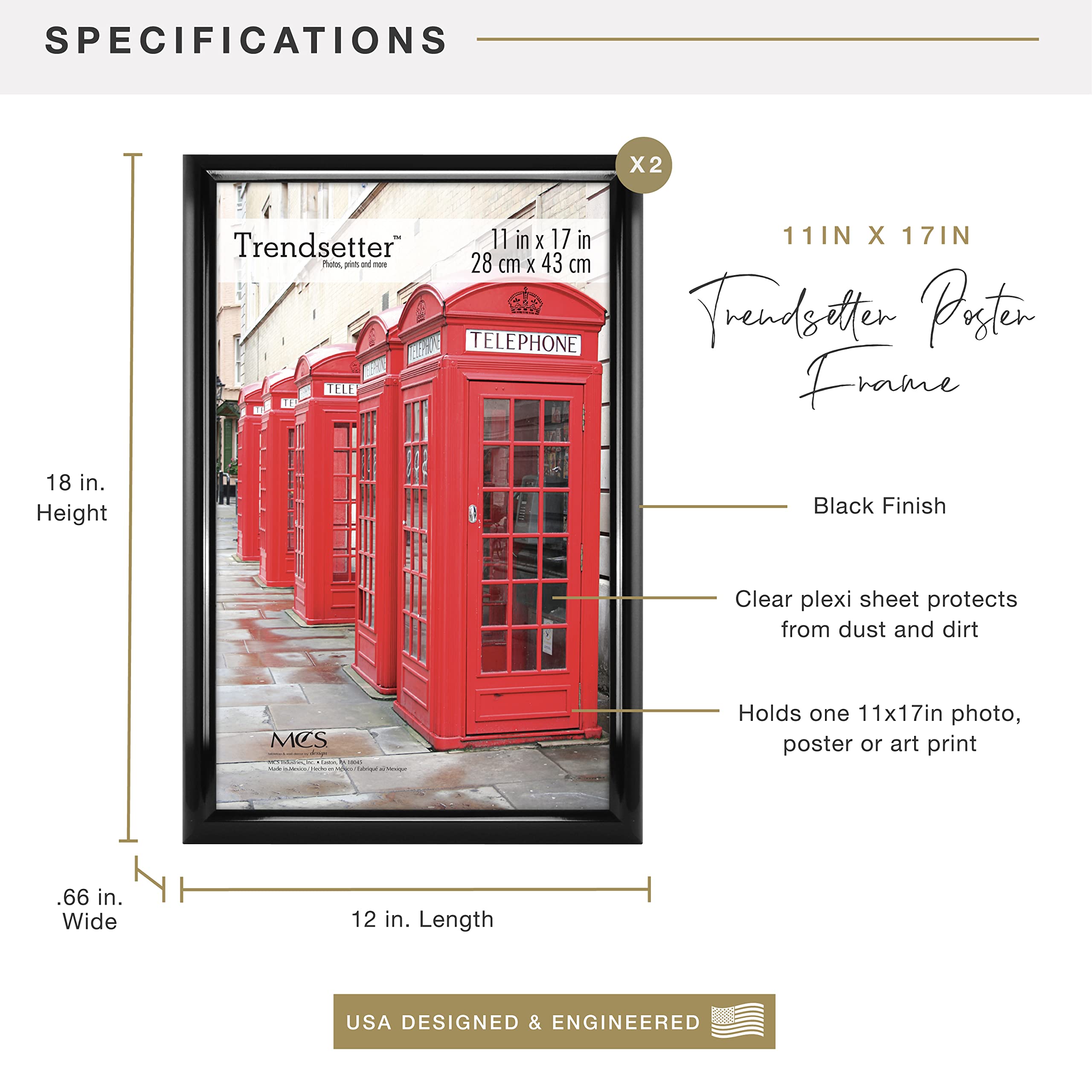 MCS Trendsetter 11x17 Poster Frame Black High-Gloss, Vertical & Horizontal Wall Hanging Large Picture Frame for Photos, Posters & Art Prints (2-Pack)