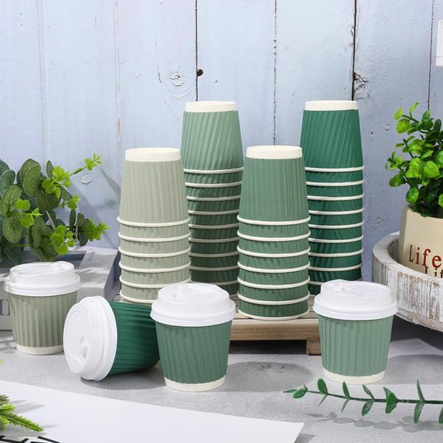 Whaline 100Pcs Sage Green Disposable Espresso Cups with Lids 4oz Gradient Green Paper Cups Corrugated Ripple Wall Insulated Hot Cups for Home Office Party Supplies