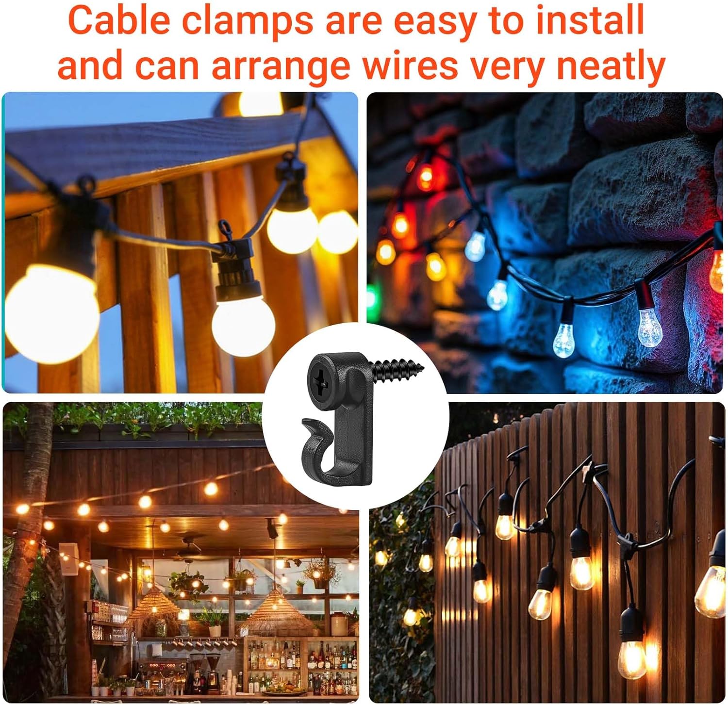 Skiennix String Light Hooks - Weatherproof Screw-In Clips for Outdoor Christmas Lights | 60 Pack (Black)
