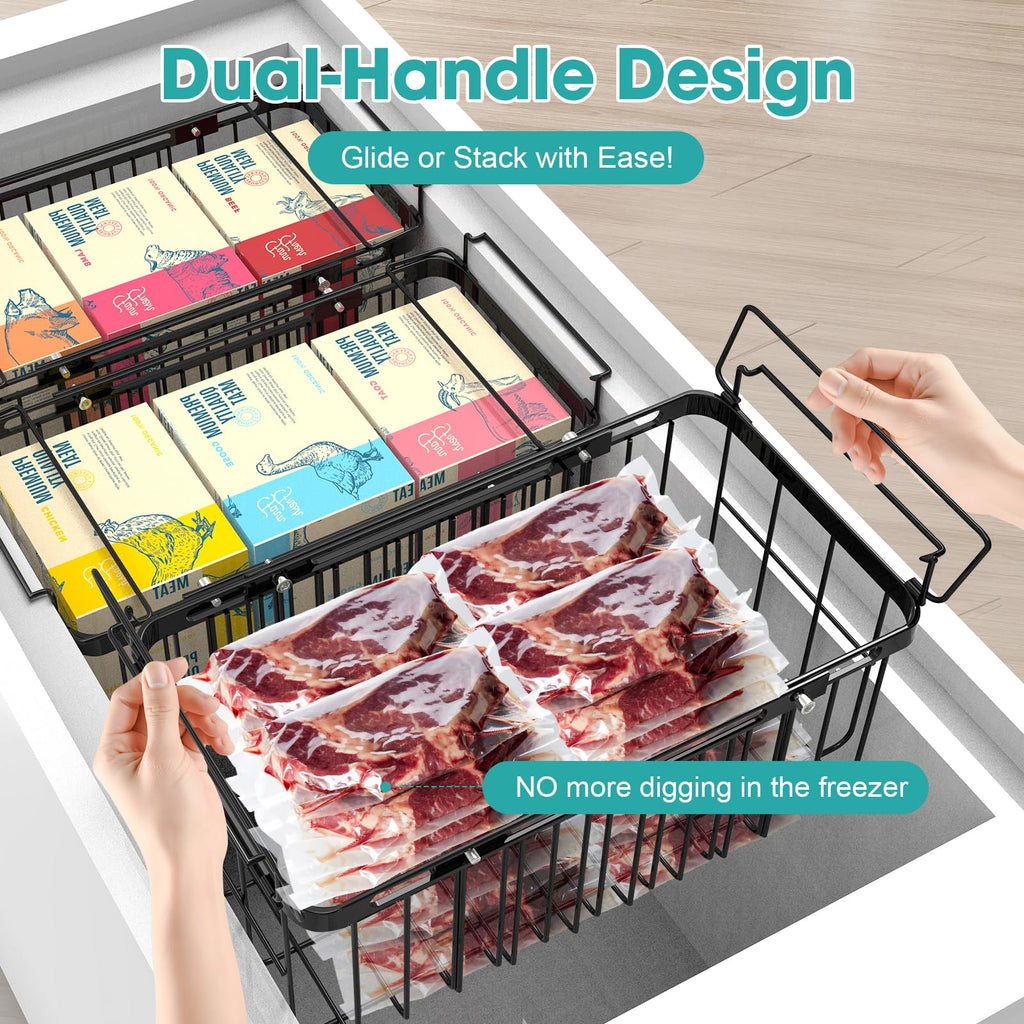 Freezer Organizer Bins, 2 Pack Expandable Stackable Chest Freezer Containers with Hanging Handles, Adjustable From 14.6" to 24.8" Storage Baskets for Fridge, Deep Freezer, Cabinet, Kitchen, Pantry