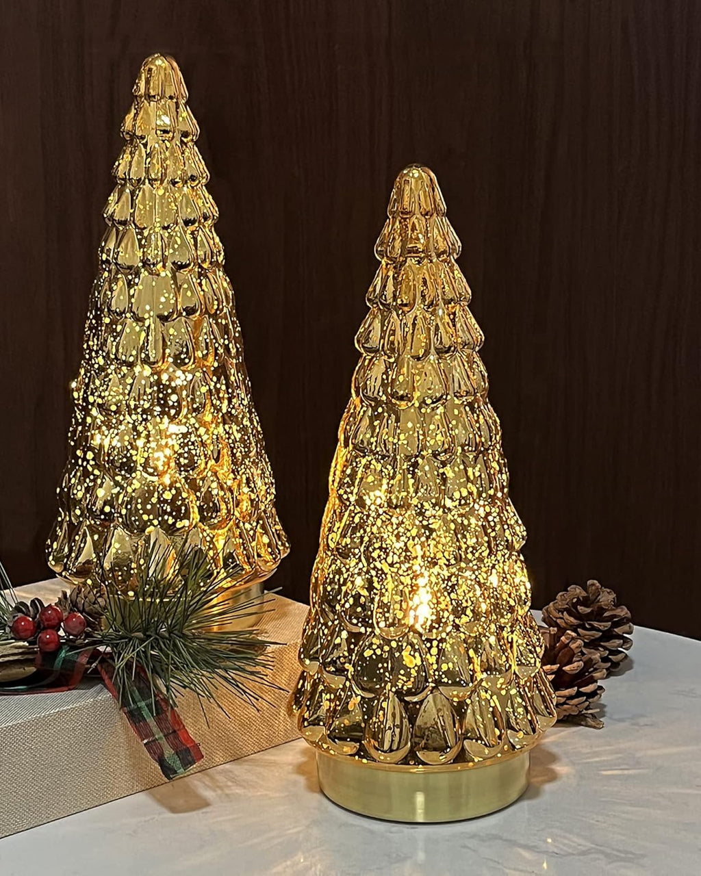 SHMILMH Gold Mercury Glass Christmas Tree - Set of 2 Battery Operated Tabletop Xmas Trees | 10" Decor