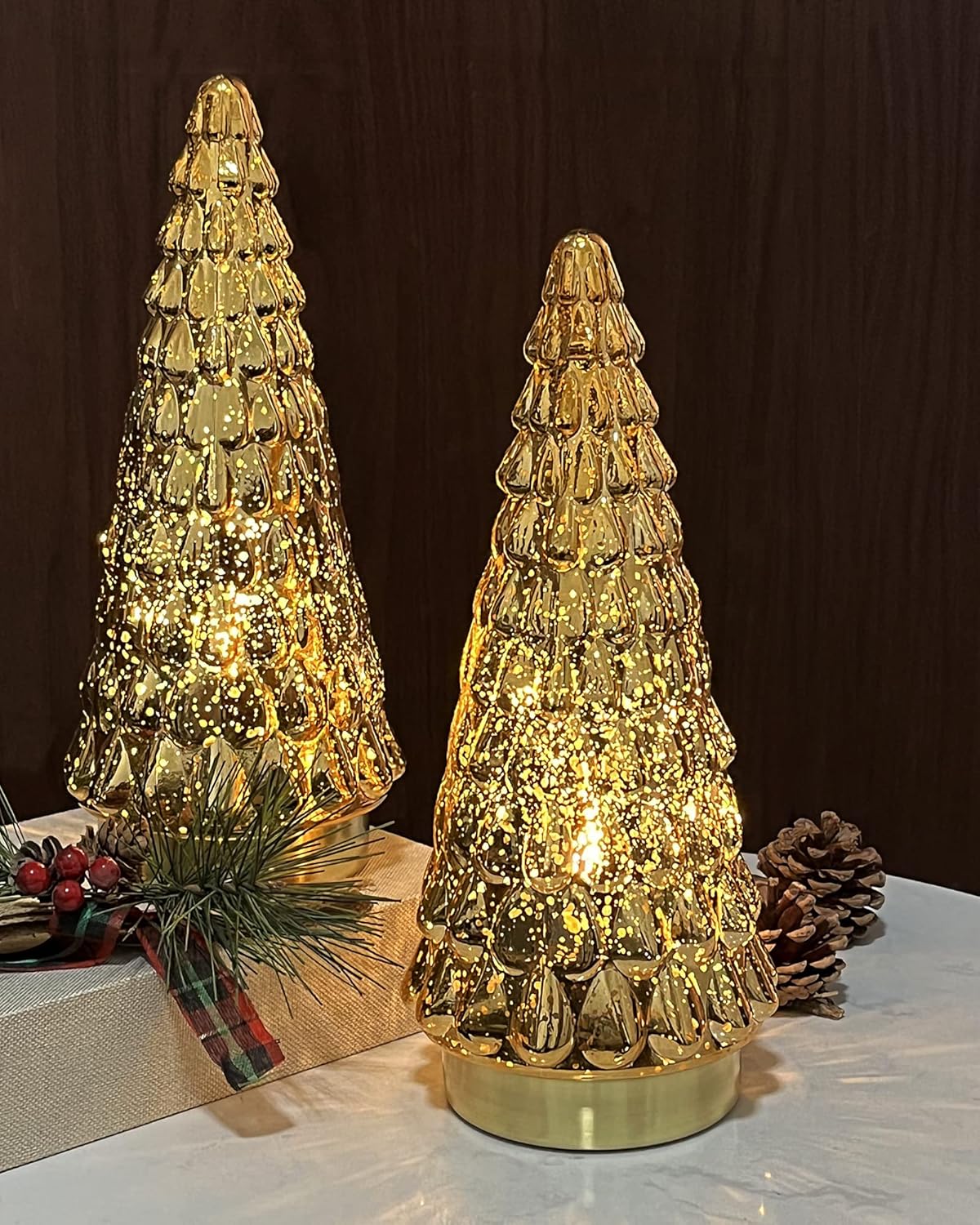 SHMILMH Gold Mercury Glass Christmas Tree - Set of 2 Battery Operated Tabletop Xmas Trees | 10" Decor