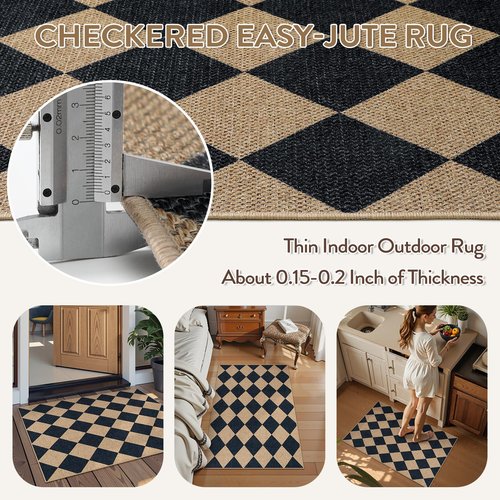 Lahome Colette Checkered Easy Jute Kitchen Rug, 2x3 Front Door Mat Non Slip Washable Neutral Area Rug, Farmhouse Diamond Non Shedding Low Pile Floor Carpet for Entryway Porch Doorway