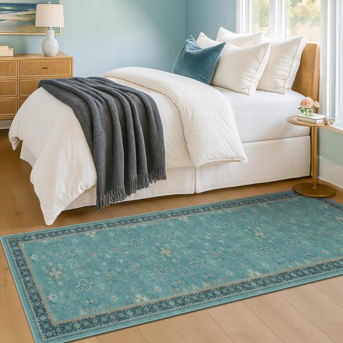Hazo Haus Boho Non-Slip Kitchen Rug Runner - Teal Vintage Floral 2x7 Washable Indoor Mat