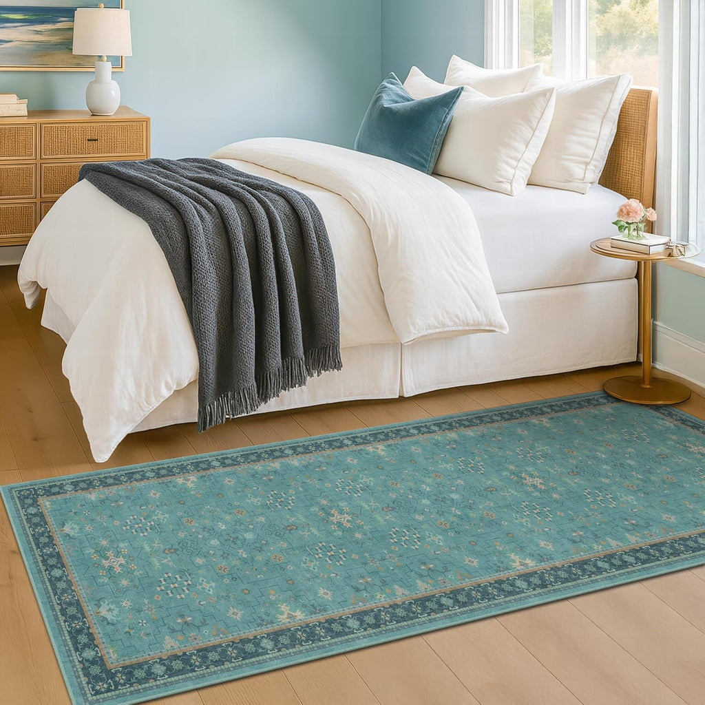 Teal Boho Kitchen Rug Runner - Washable Non-Slip Low Pile Carpet for Bathroom & Entryway | 2x5 Size