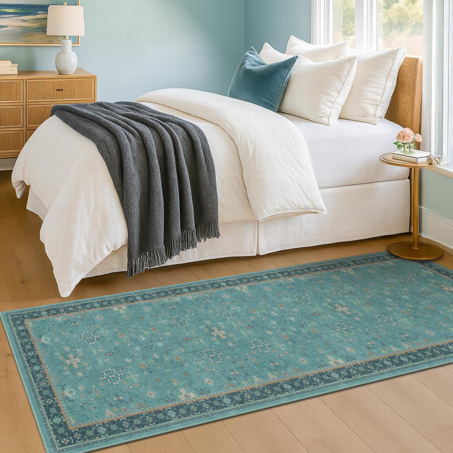 Teal Boho Kitchen Rug Runner - Washable Non-Slip Low Pile Carpet for Bathroom & Entryway | 2x5 Size