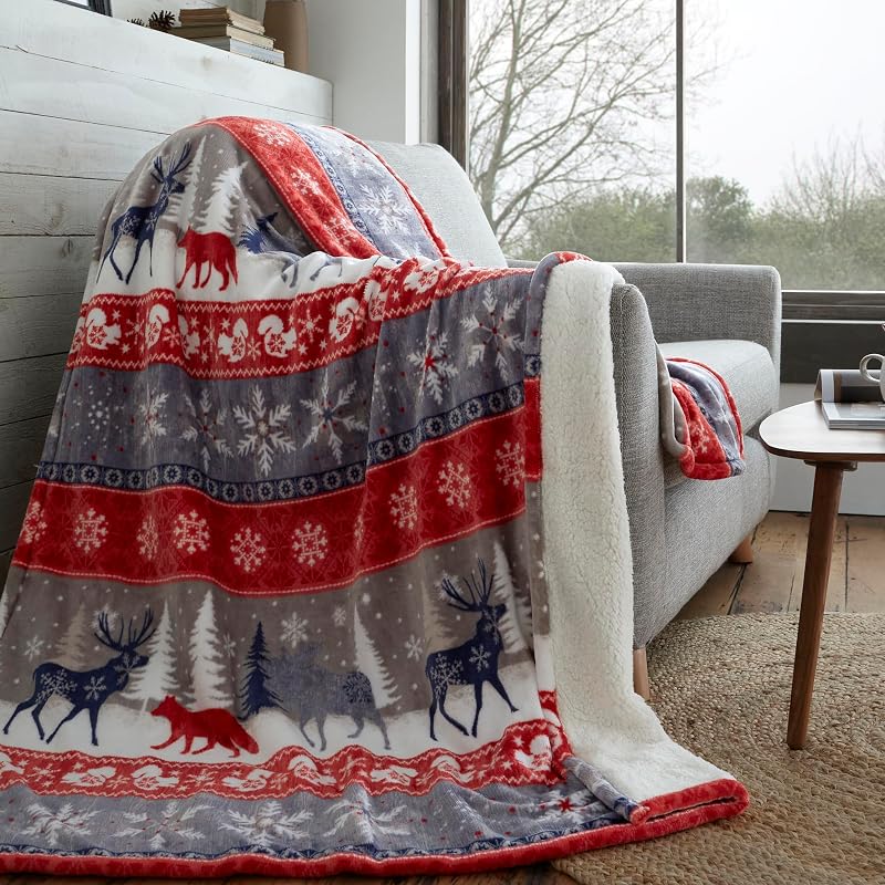 Nordic Reindeer Fleece Throw Blanket 78x78 Red - Cozy Holiday Decor