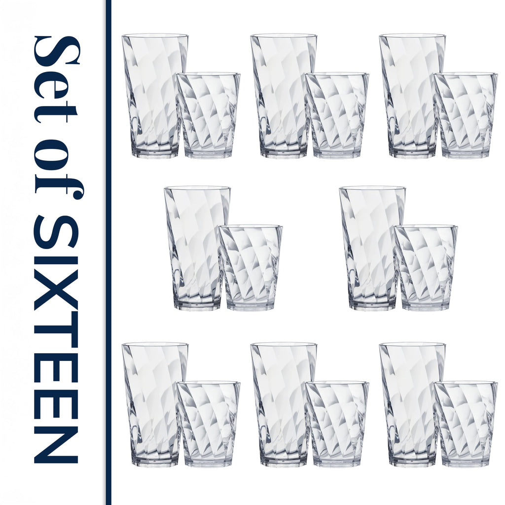 US Acrylic Optix Plastic Reusable Drinking Glasses (Set of 16) 14oz Rocks & 20oz Water Cups in Clear | BPA-Free Tumblers, Made in USA | Top-Rack Dishwasher Safe