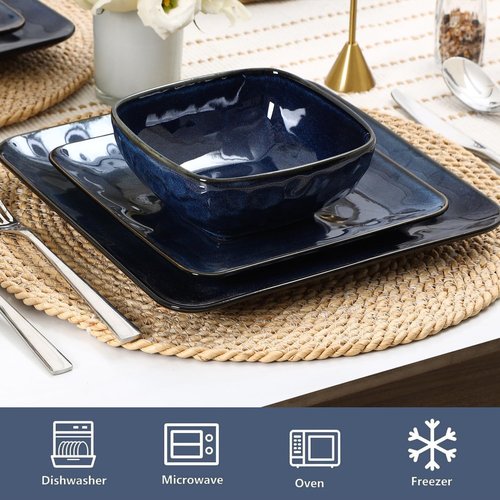 vicrays Ceramic Square 12 Pieces Dinnerware Set - Dinner Plates Salad Plates Cereal Bowls Set Service for 4 - Scratch Resistant Microwave Oven Dishwasher Safe - Blue