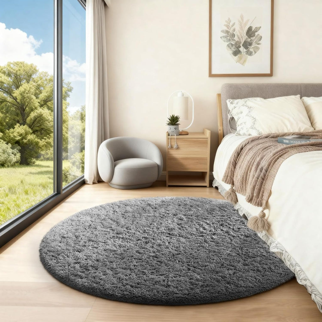 Ophanie Round Rug - 4Ft Grey Circle Area Rug | Fluffy Plush Shag Carpet for Bedroom & Nursery