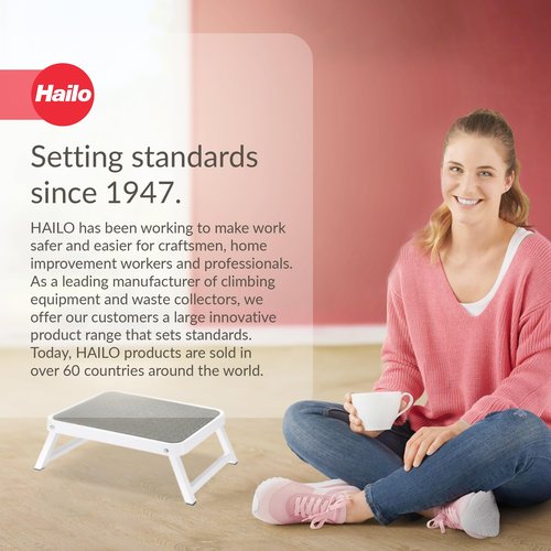 Hailo OneStep | Steel step | One large step with non-skid mat | Folding safety mechanism with unlocking button | Easy storage | Lightweight | White