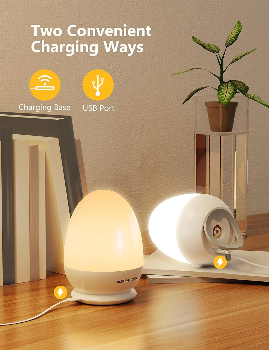 MediAcous Night Light - Dimmable Egg Lamp with Touch Control & Timer | Ideal for Kids' Nursery, 200H Battery Life