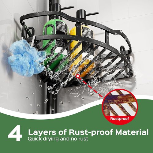 HAMITOR Shower Caddy - Rustproof Tension Pole Bathroom Organizer | 4-Tier Storage Rack, 47-121 Inch, Black