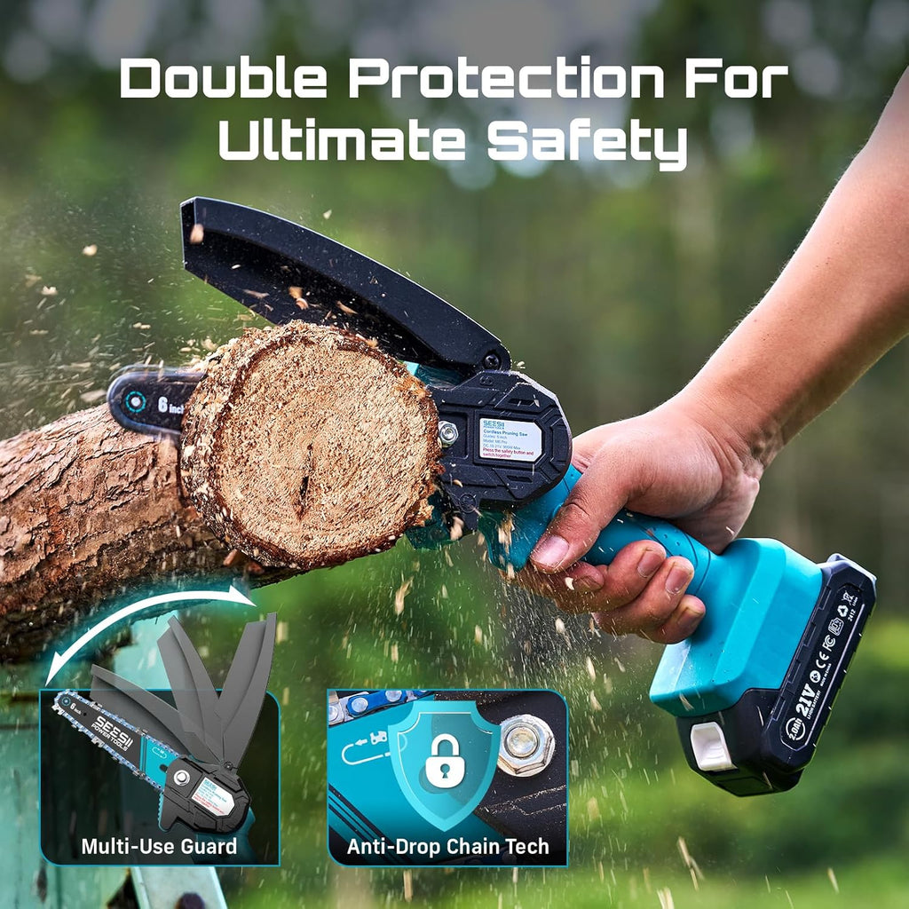 Seesii Mini Chainsaw - 6-Inch Cordless Electric Power Saw with 2 Batteries | Ideal for Tree Trimming & Wood Cutting