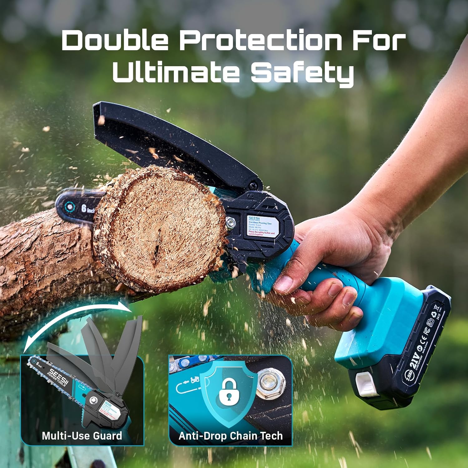 Seesii Mini Chainsaw - 6-Inch Cordless Electric Power Saw with 2 Batteries | Ideal for Tree Trimming & Wood Cutting