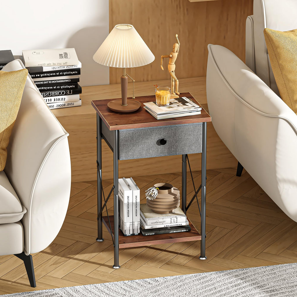 VECELO End Tables, Modern Nightstands with Drawer & Open Shelf, Side Table for Bedroom Living Room, Industrial Metal Frame, Easy Assembly, Rustic Brown,1 Pack