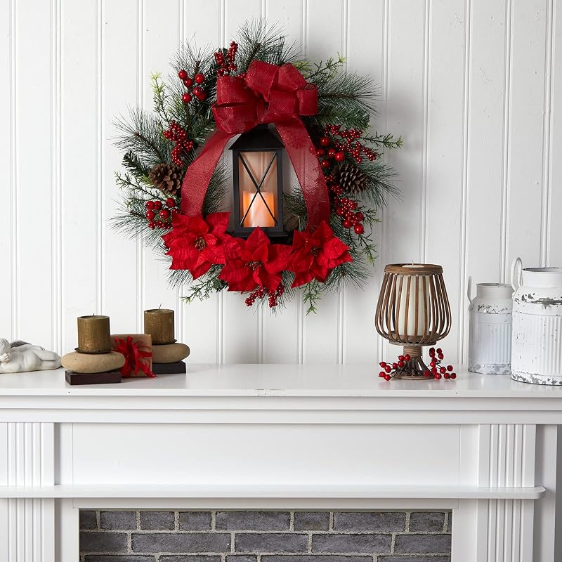 Nearly Natural 28in Poinsettia & Berry Holiday Lantern Wreath with LED Candle