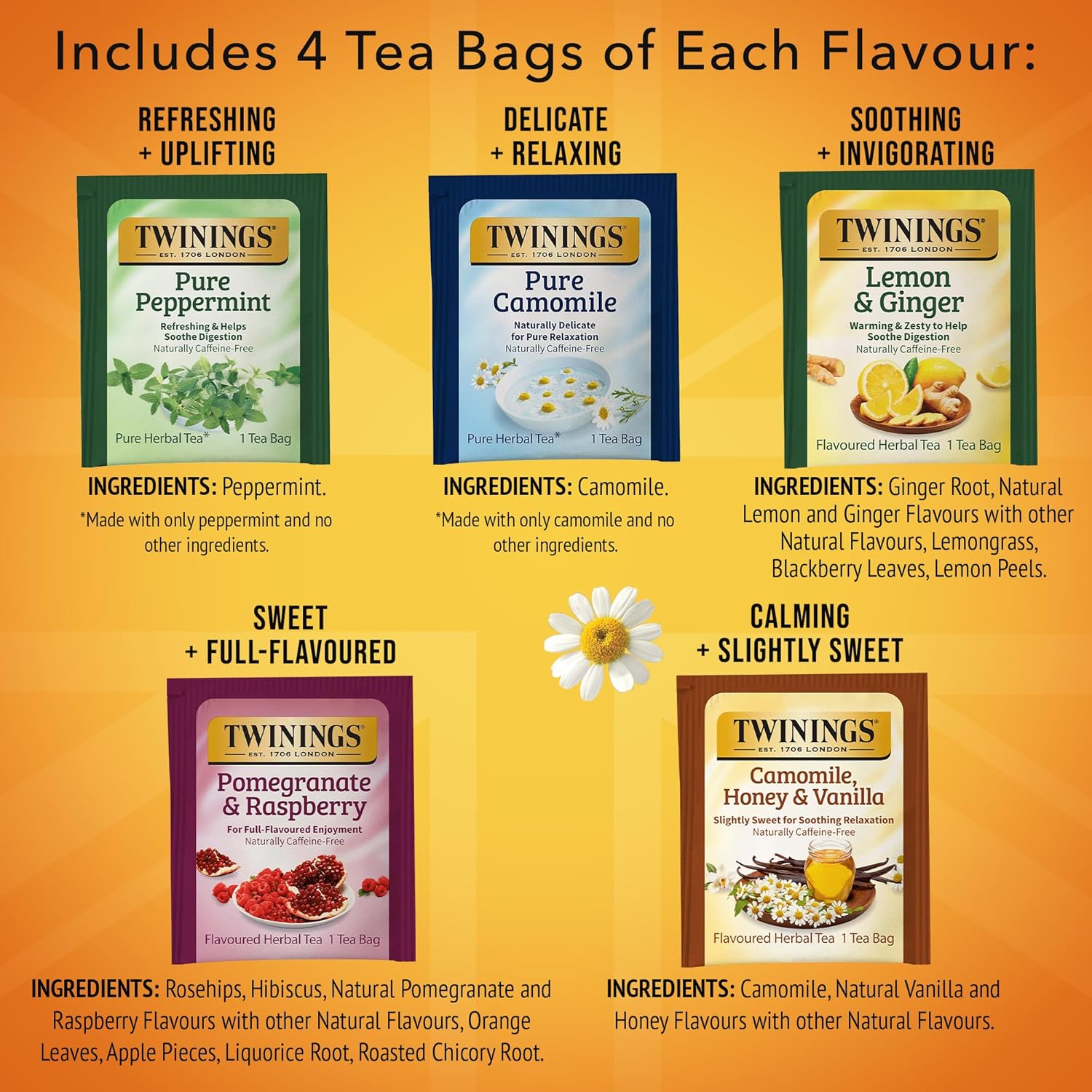 Twinings Herbal Tea Variety Pack - 20 Count (Pack of 6) | 5 Delicious Flavors, Naturally Caffeine-Free