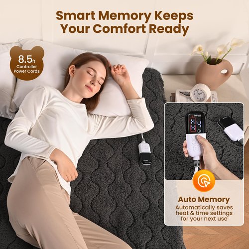 Bearhug Multi-Zone Electric Heated Mattress Pad Queen Size, Dual Control Bed Warmer with Memory & 11 Heat Level, 1-9H Auto Off, Individual Body &Feet Settings, Deep Pocket ETL Certified, Machine Wash