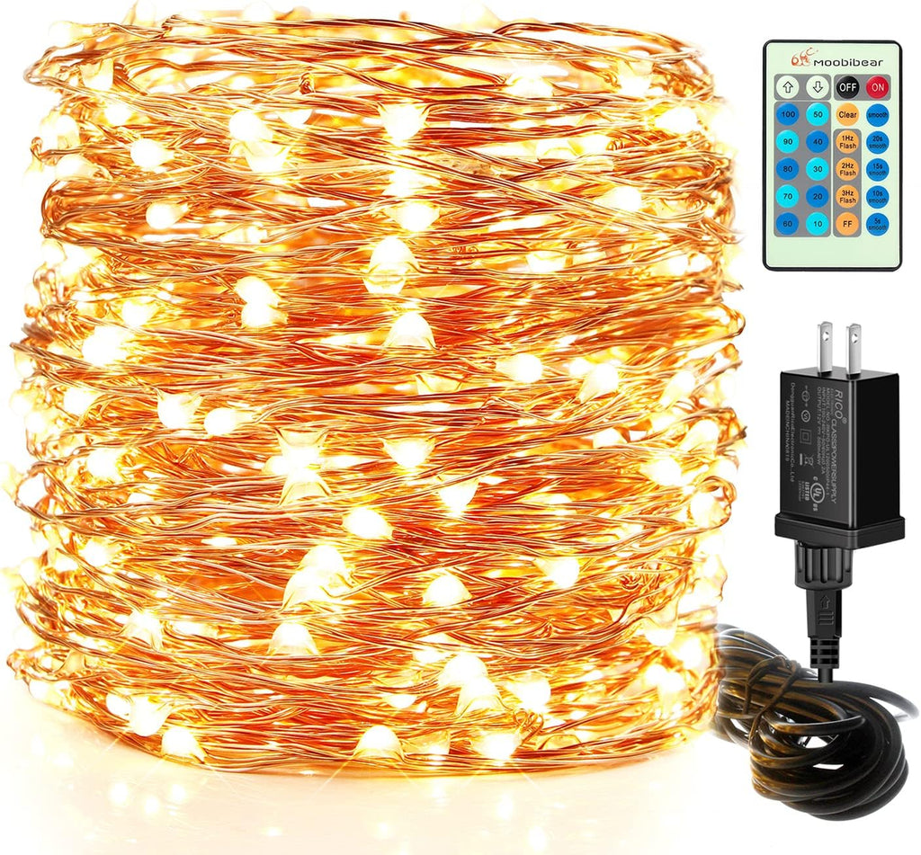 Moobibear LED String Lights - 99ft 300 LEDs Dimmable Warm White Fairy Lights | Remote Control for Outdoor & Indoor Decor