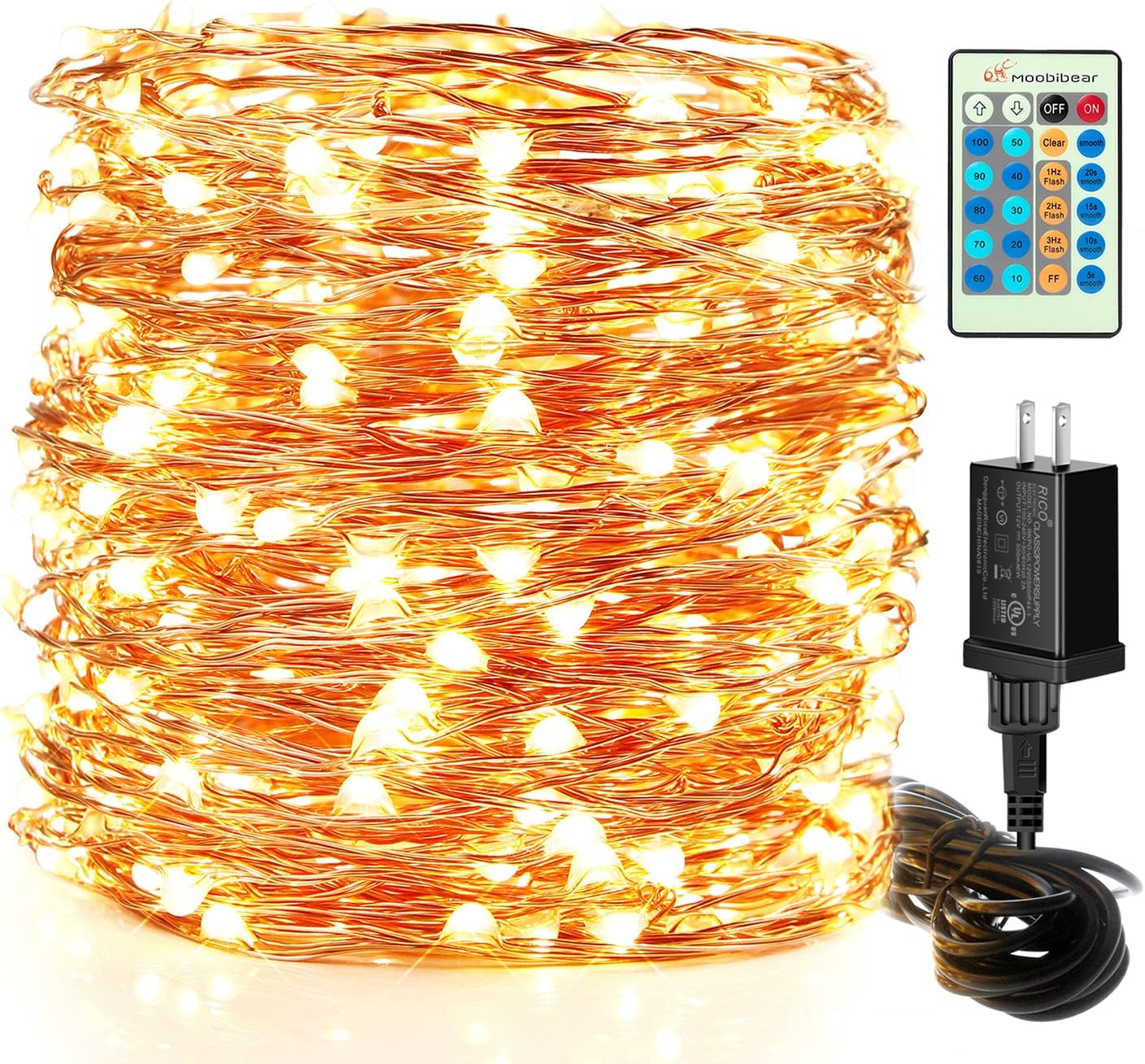 Moobibear LED String Lights - 99ft 300 LEDs Dimmable Warm White Fairy Lights | Remote Control for Outdoor & Indoor Decor