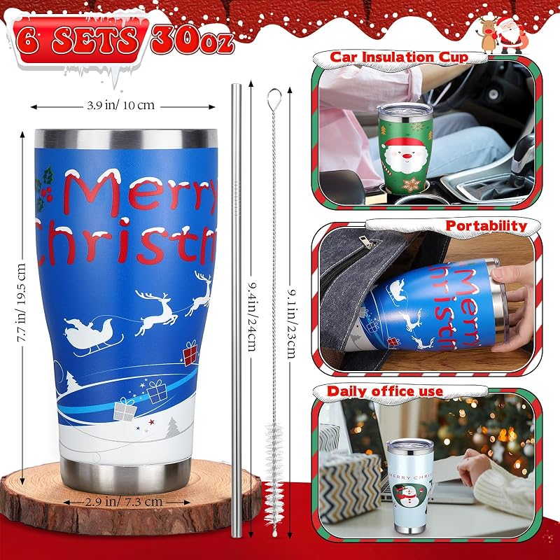 6 Pcs 30oz Christmas Tumblers Gift Set with Lids, Straws & Brushes - Cute Holiday Patterns - Variation of THIS listing
