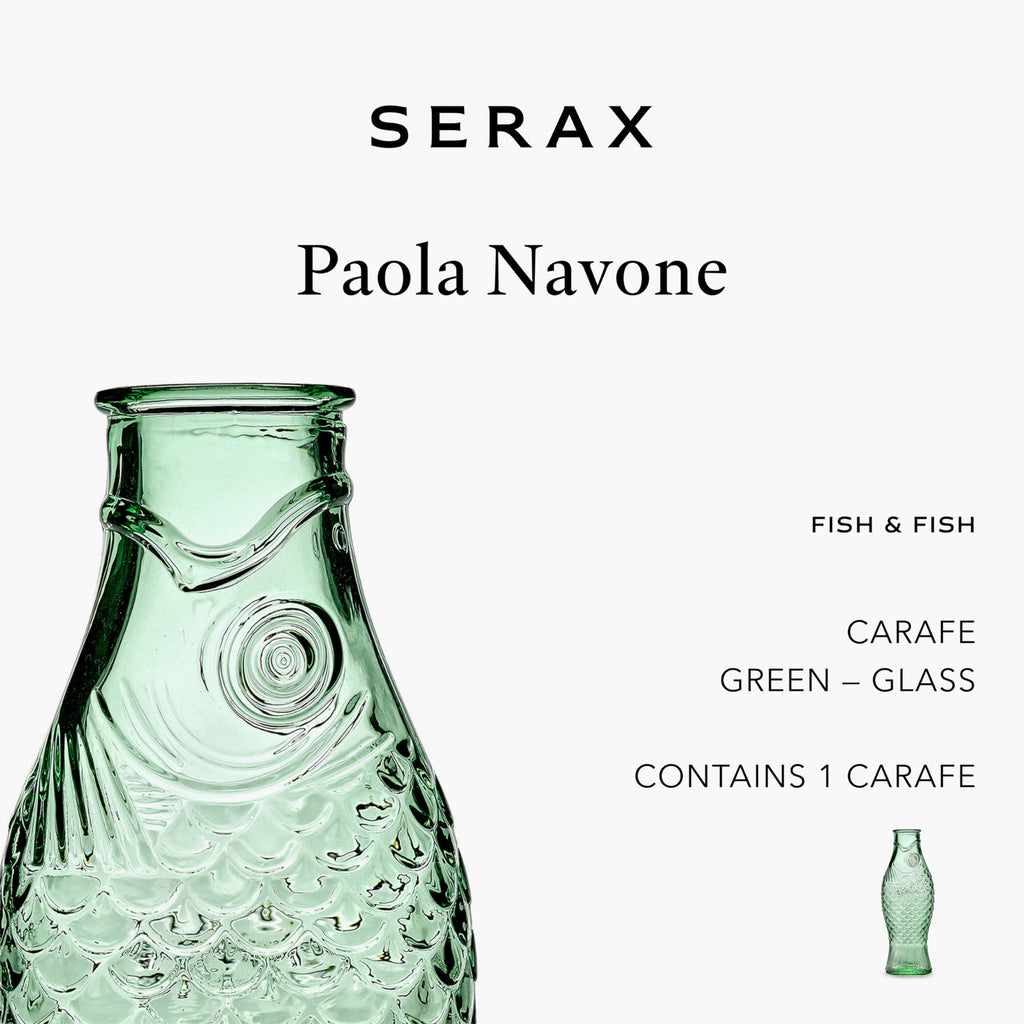 Serax Glass Water Pitcher | Fish & Fish glassware by Paola Navone | Wine Carafe Decanter 28.74 fl oz | Clear Green Bottle Container for hot & cold Drinks | Fridge Beverage Dispenser, Suitable as Vase
