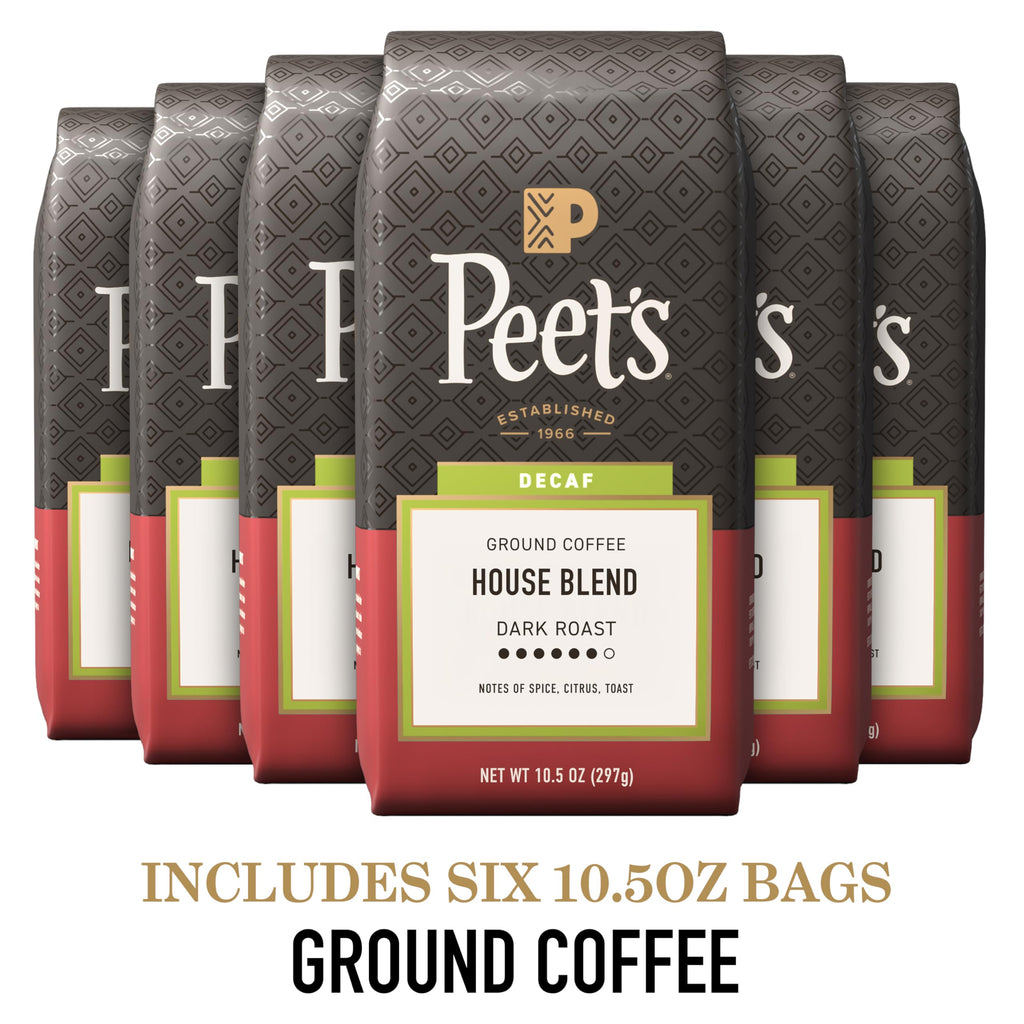 Peet's Coffee, Dark Roast Ground Coffee, Decaffeinated Arabica Coffee - Decaf House Blend 63 Ounces (6 Bags of 10.5 Ounces)