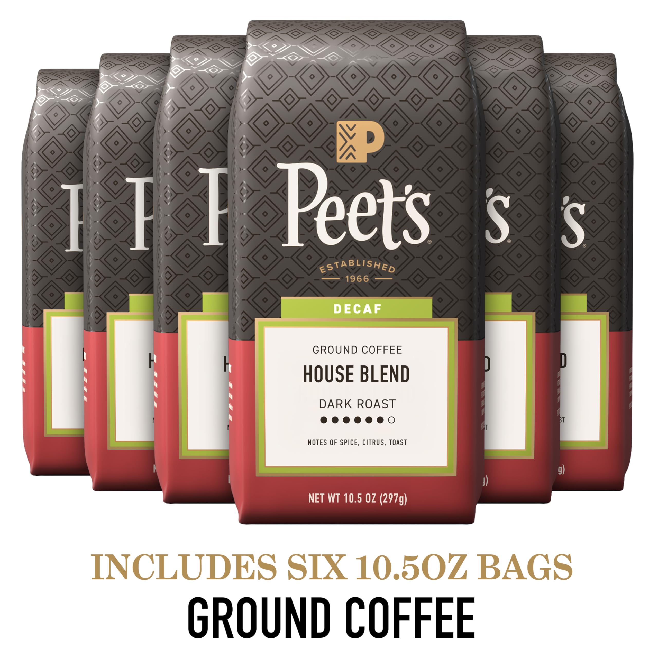 Peet's Coffee, Dark Roast Ground Coffee, Decaffeinated Arabica Coffee - Decaf House Blend 63 Ounces (6 Bags of 10.5 Ounces)
