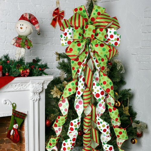 Wninbu Christmas Tree Topper Bow Wreath, 44 x 13 Inches Large Bow Tree Topper, Glitter Red and Green Christmas Wreath for Tree Indoor Outdoor Christmas Decoration