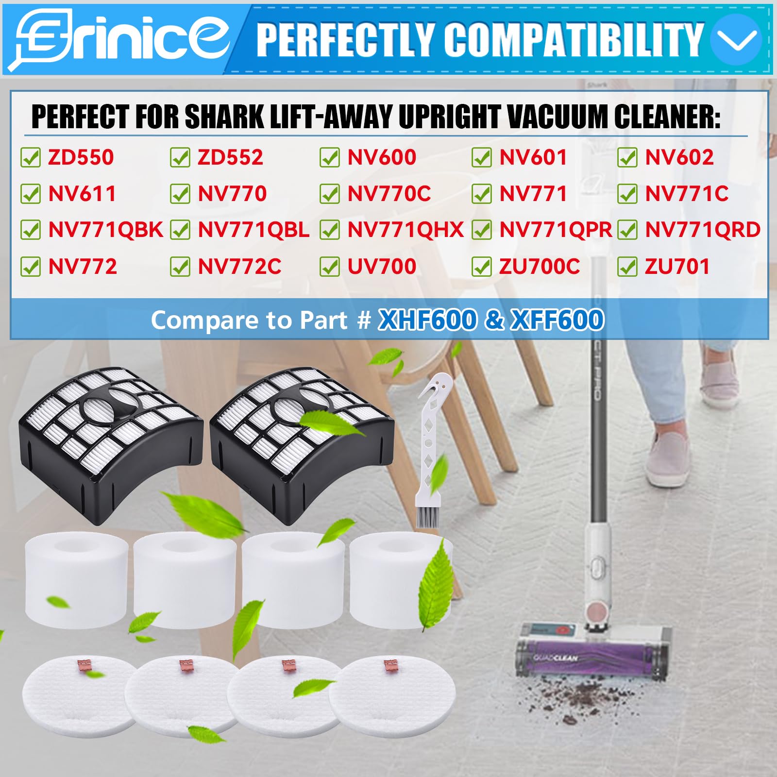 Erinice ZD550 filter replacement for Shark Lift-Away Upright Vacuum ZD552 UV700 NV600 NV601 NV611 NV770 NV772 ZU700C ZU701 Parts, 2 Post-motor+ 4 Foam & Felt Filters, replace to part # XHF600 & XFF600