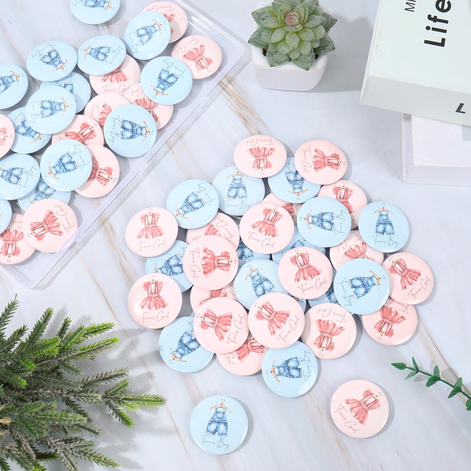 Whaline 60Pcs Gender Reveal Button Pins Blue Pink Baby Clothes Team Boy or Girl Button Badges for Birthday Baby Shower Party Game Supplies
