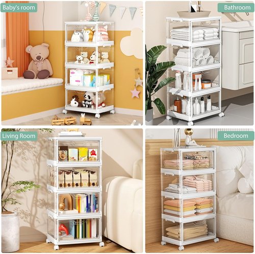 Kmiectse Clear Storage Bins - 4-Tier Stackable Plastic Bins with Lids & Wheels | 23 QT Closet Organizer