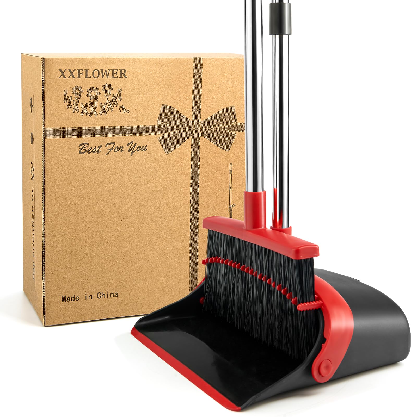 XXFLOWER Broom and Dustpan Set for Home, Broom with Dustpan Cleaning Teeth Combo Set, Indoor Sweep Broom with Long Handle for Office Home Kitchen Lobby Floor (Black Red)